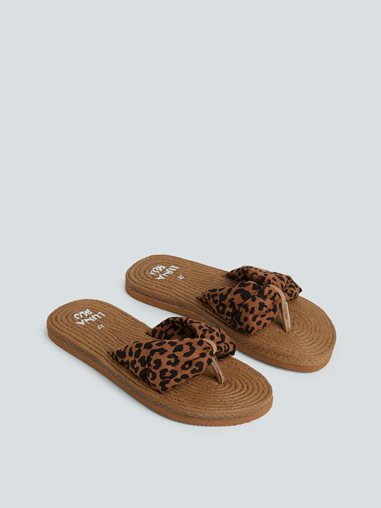 LUNA BLU Brown Leopard Print Jute-Textured Straps Flip Flops